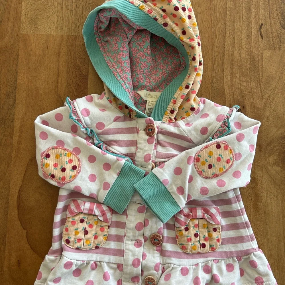 Matilda Jane Polka Dot & Striped Jacket w/ Corduroy Hood & Patches Size 6-12 Mo.